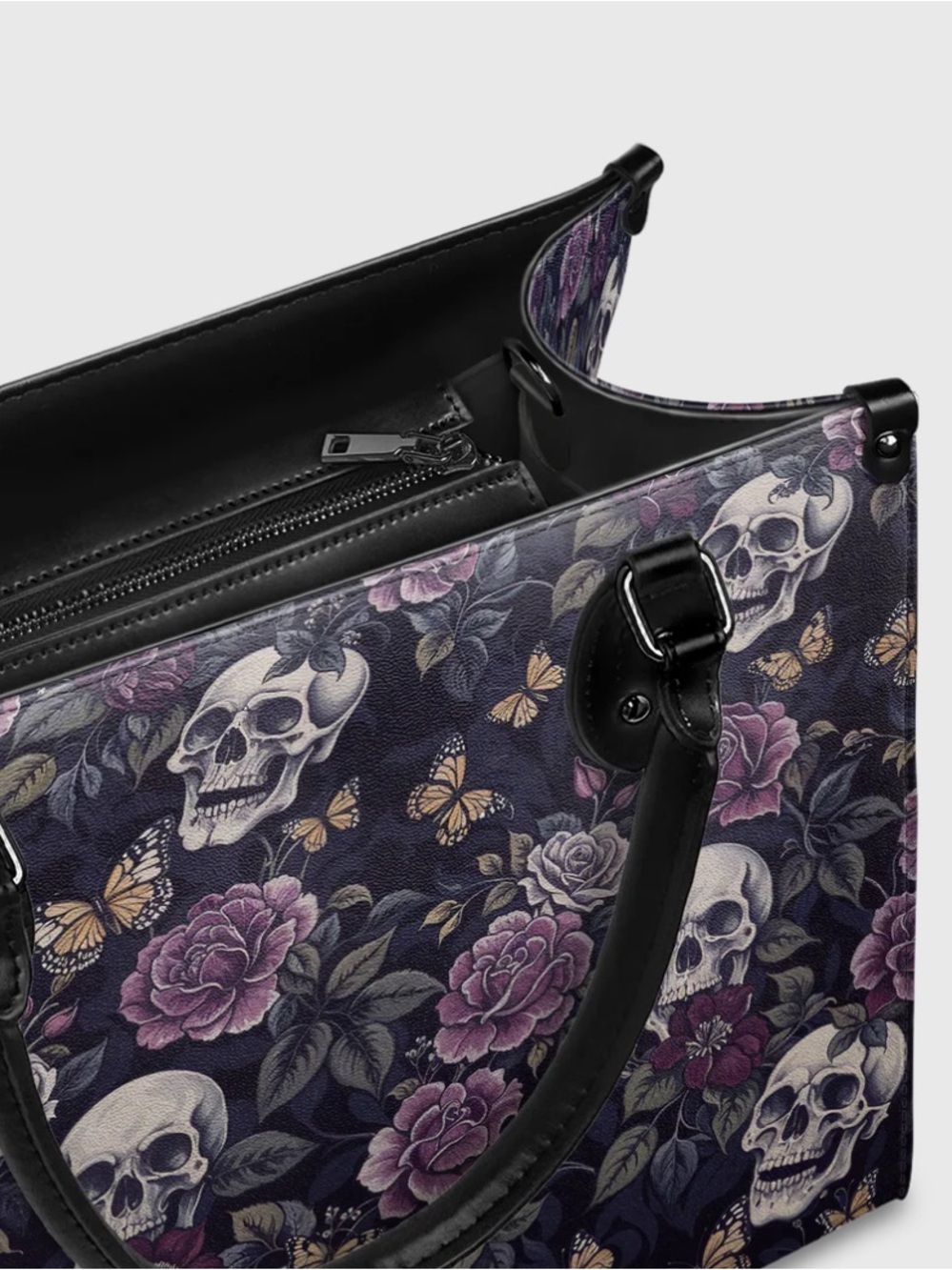 Gothic Skull & Rose Purple Tote Bag with Black Handles - Picture 3 of 9